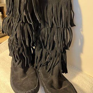 LC Lauren Conrad-Fringe Boots-Women's-3 Layers-Black Suede-Cloth under Fringe